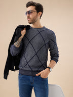 Men's All Over Geometric Textured Full Sleeves Round Neck Sweater