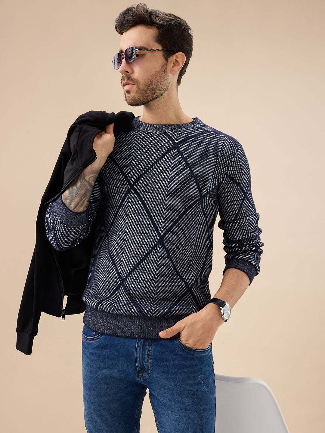 Men's All Over Geometric Textured Full Sleeves Round Neck Sweater