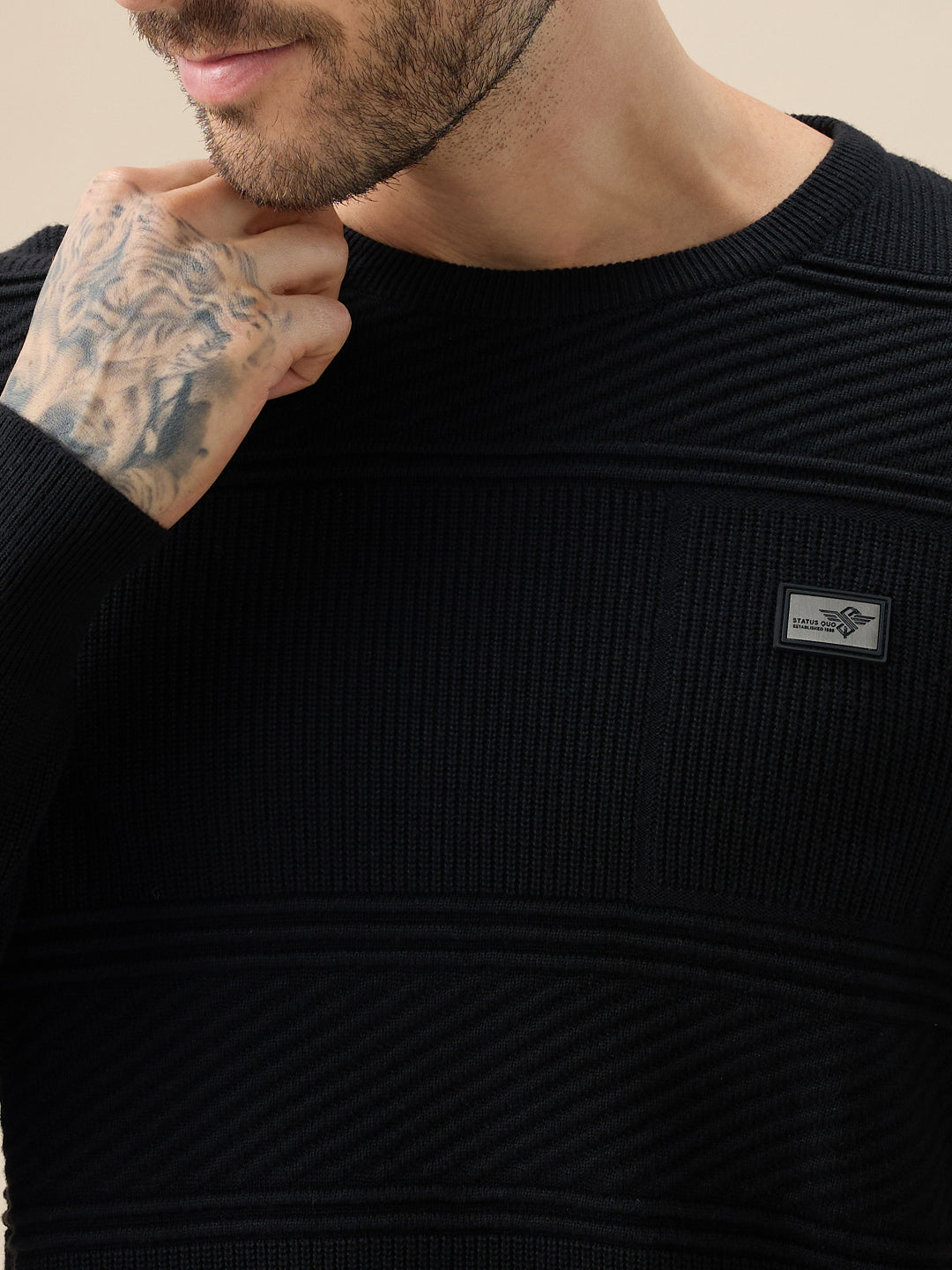 Men's Solid Textured Full Sleeves Round Neck Fleece Sweater