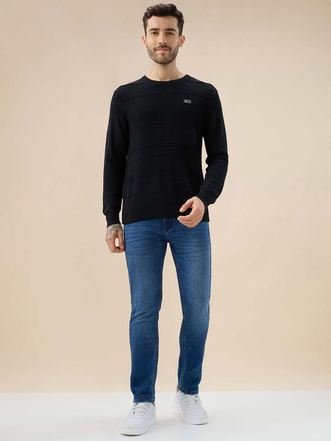Men's Solid Textured Full Sleeves Round Neck Fleece Sweater
