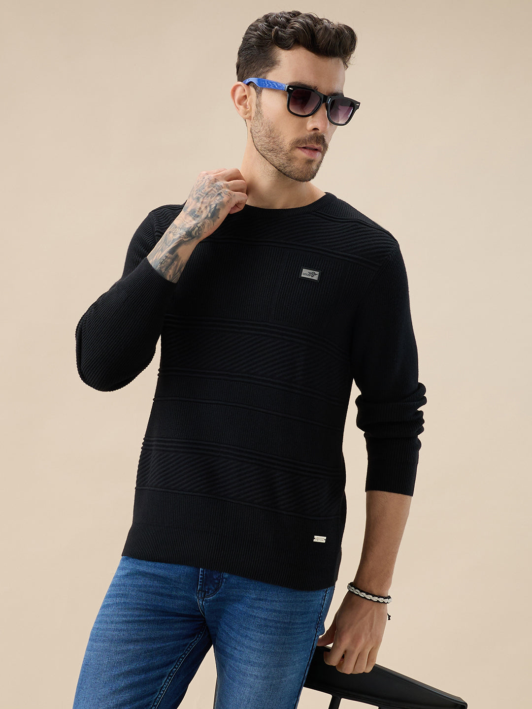 Men's Solid Textured Full Sleeves Round Neck Fleece Sweater