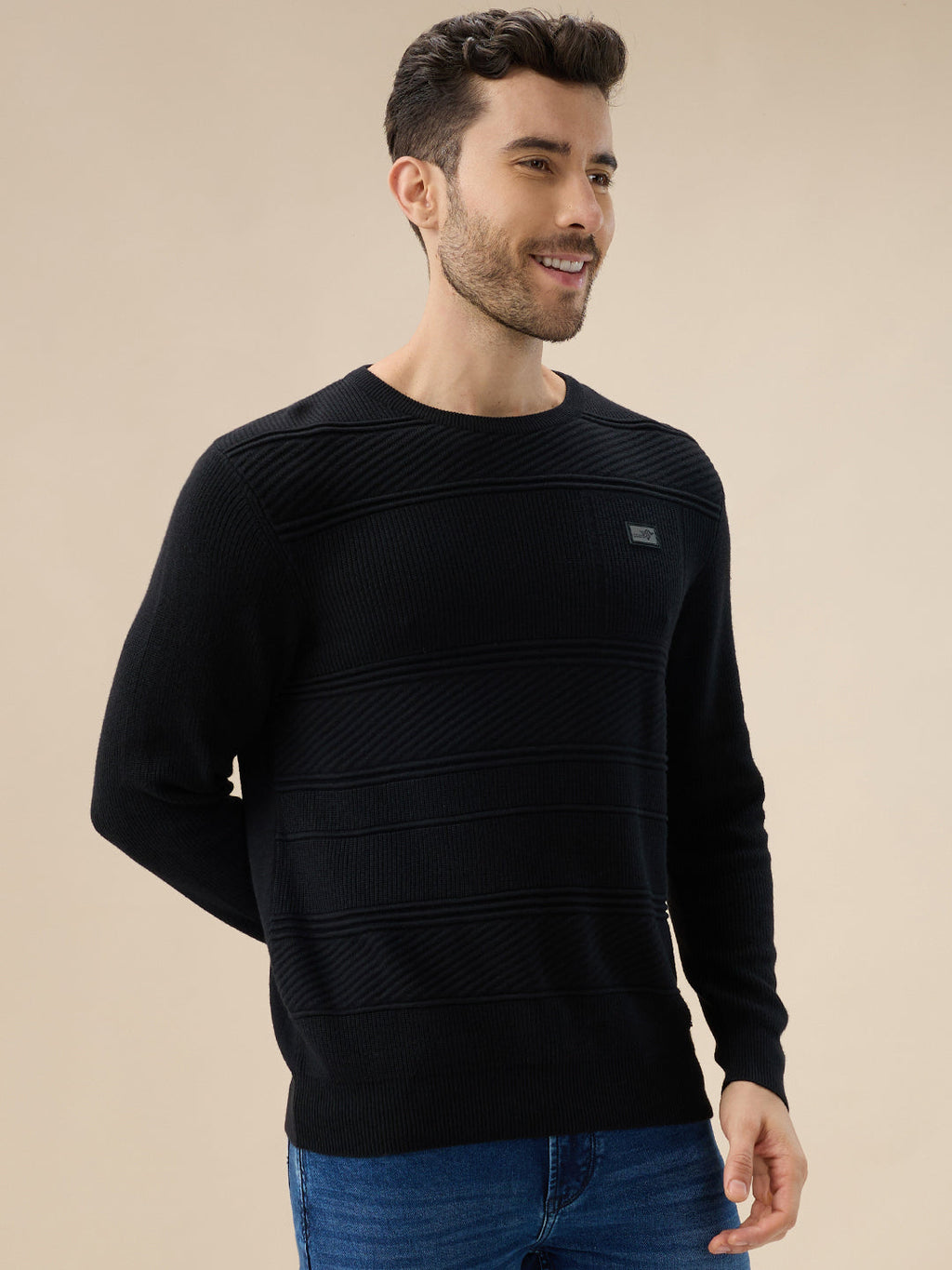 Men's Solid Textured Full Sleeves Round Neck Fleece Sweater