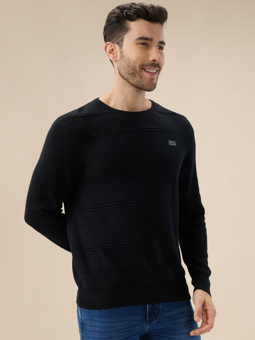 Men's Solid Textured Full Sleeves Round Neck Fleece Sweater