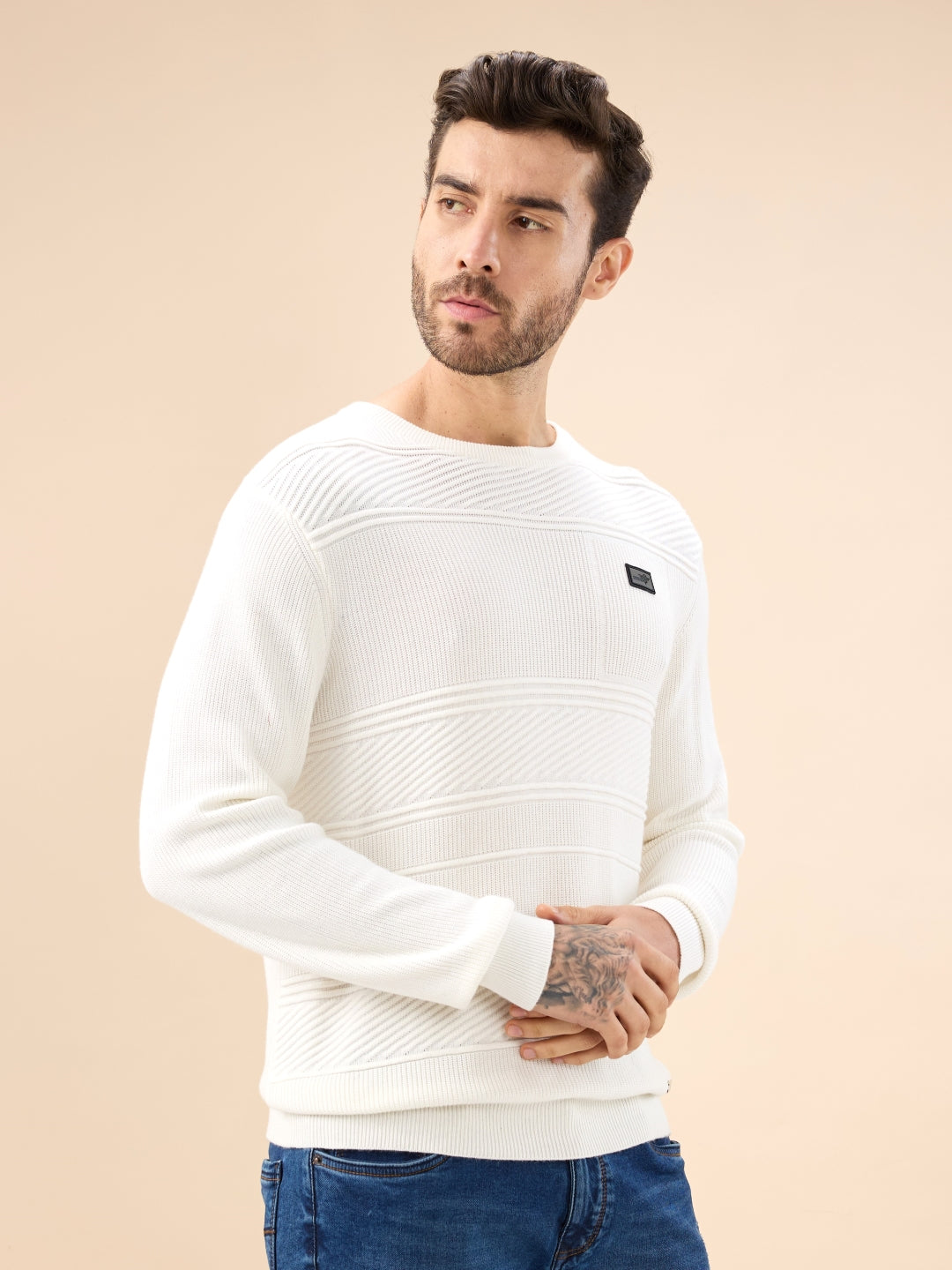 Men's Solid Textured Full Sleeves Round Neck Fleece Sweater
