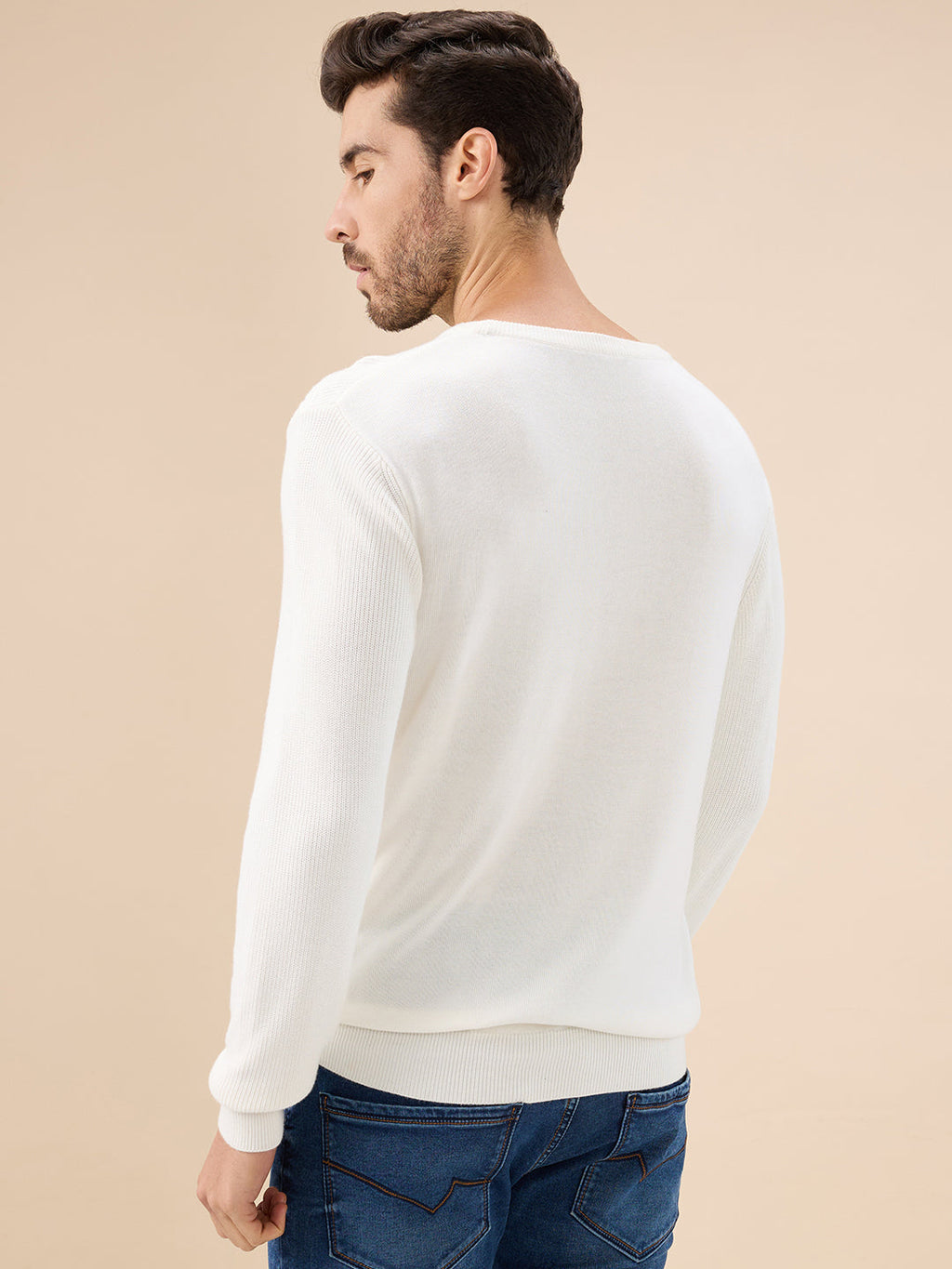 Men's Solid Textured Full Sleeves Round Neck Fleece Sweater