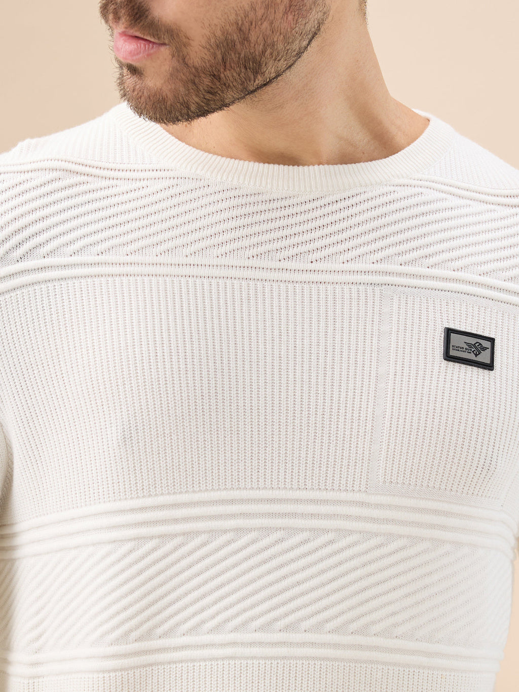 Men's Solid Textured Full Sleeves Round Neck Fleece Sweater