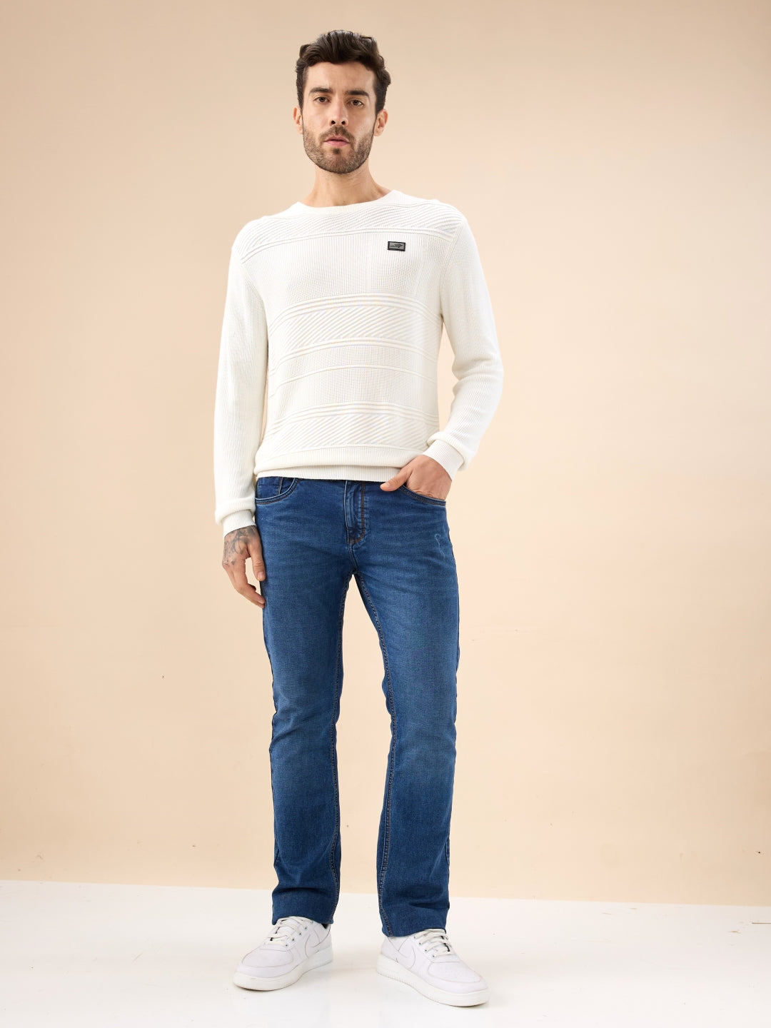 Men's Solid Textured Full Sleeves Round Neck Fleece Sweater