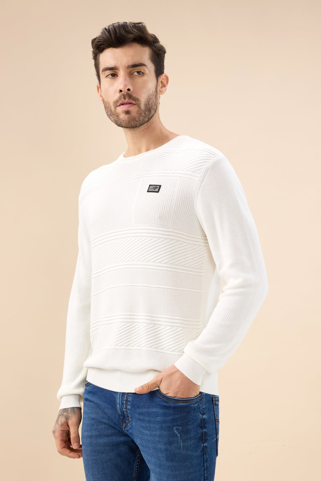 Men's Solid Textured Full Sleeves Round Neck Fleece Sweater Secondary image