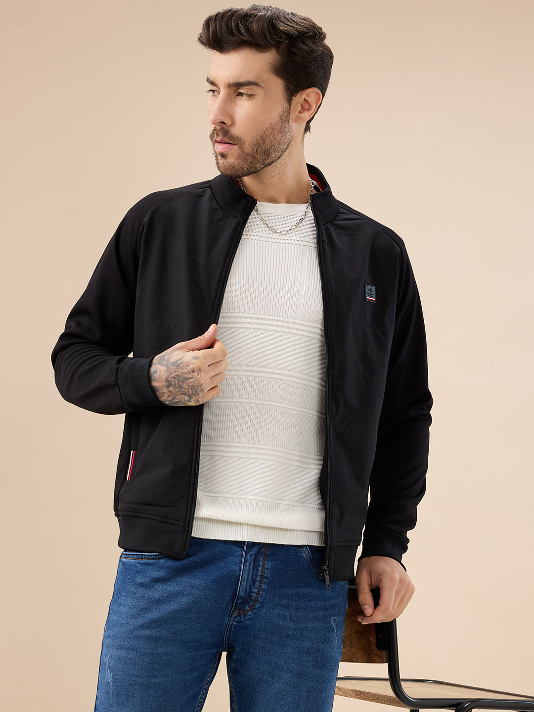Men's Solid Textured Full Sleeves Round Neck Fleece Sweater