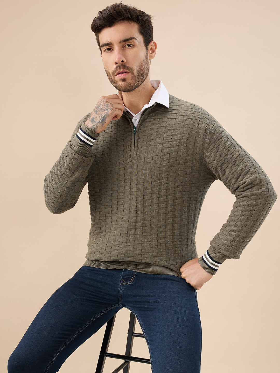 Men’s Trendy Textured Knit Half Zip High Neck Full Sleeves Sweater