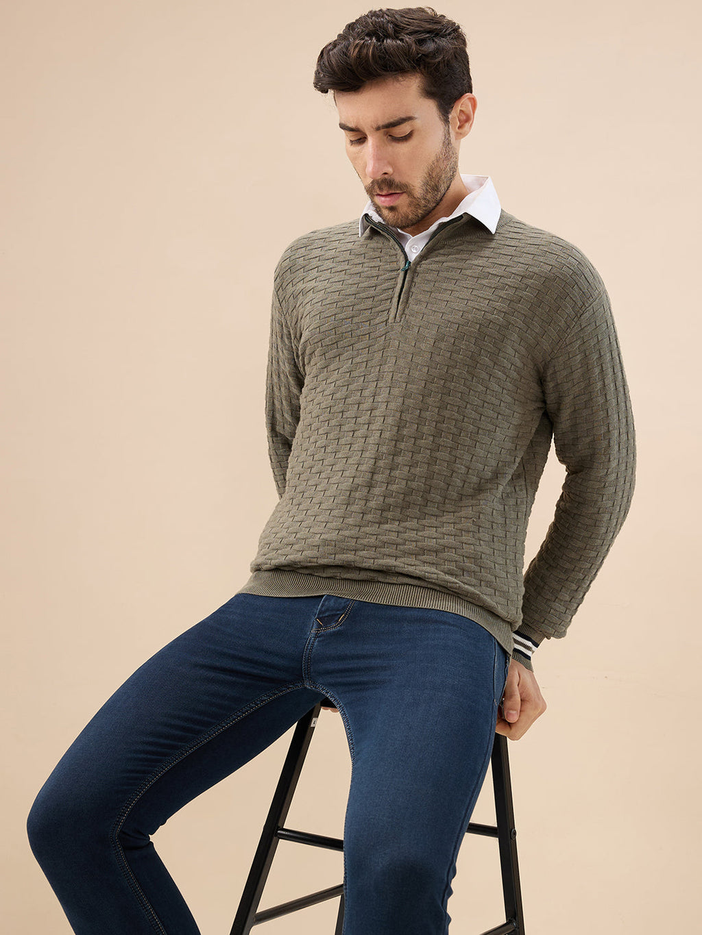 Men’s Trendy Textured Knit Half Zip High Neck Full Sleeves Sweater