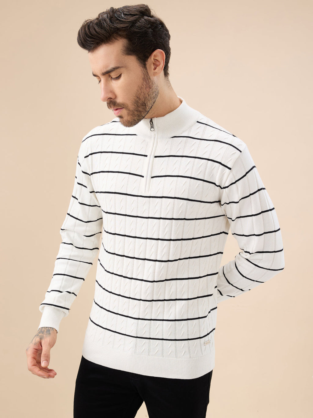 Mens Striped Print Full Sleeves Half Zip High Neck Sweater