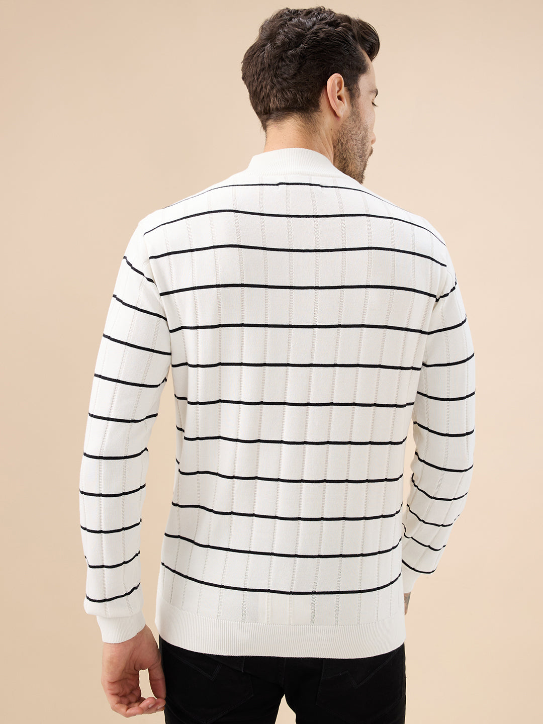 Mens Striped Print Full Sleeves Half Zip High Neck Sweater