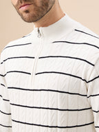 Mens Striped Print Full Sleeves Half Zip High Neck Sweater