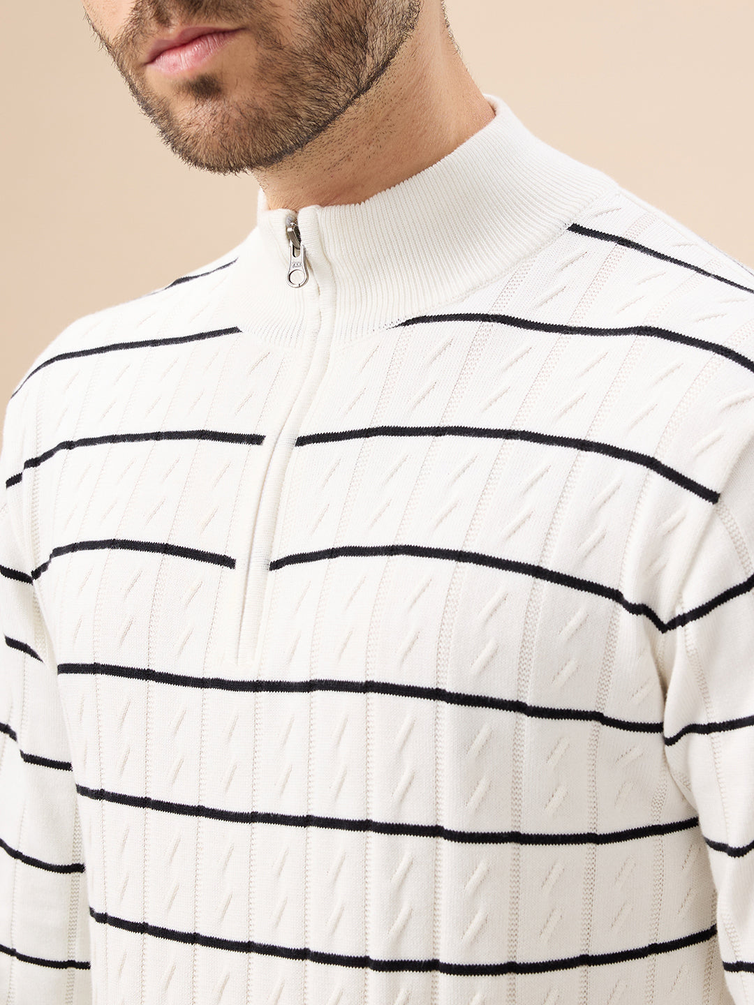 Mens Striped Print Full Sleeves Half Zip High Neck Sweater