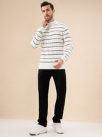 Mens Striped Print Full Sleeves Half Zip High Neck Sweater