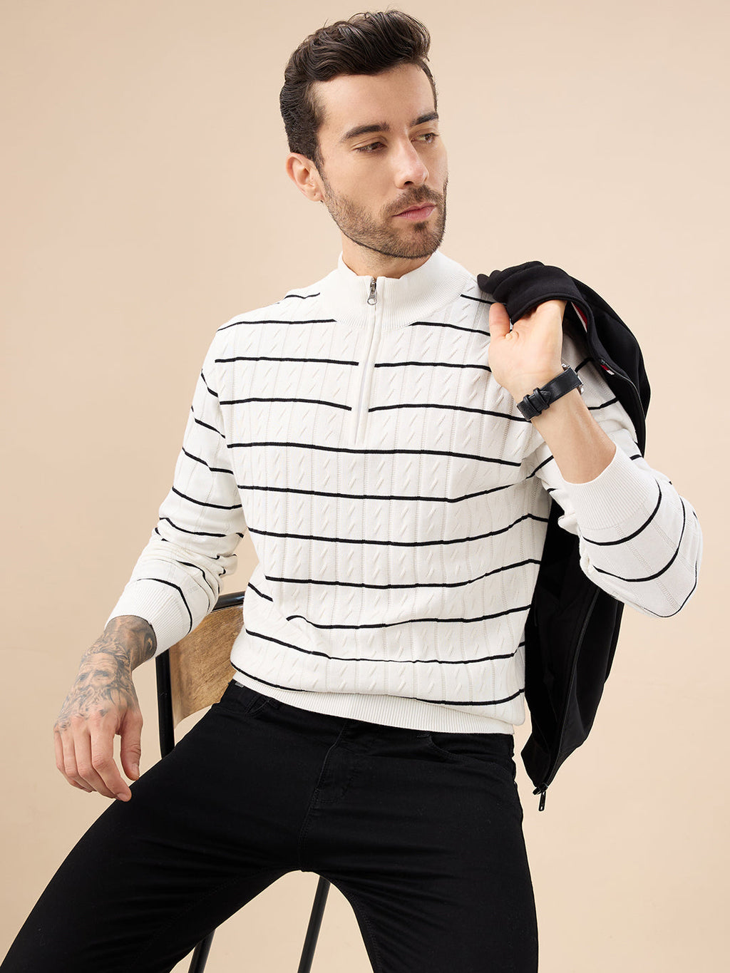 Mens Striped Print Full Sleeves Half Zip High Neck Sweater