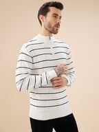 Mens Striped Print Full Sleeves Half Zip High Neck Sweater