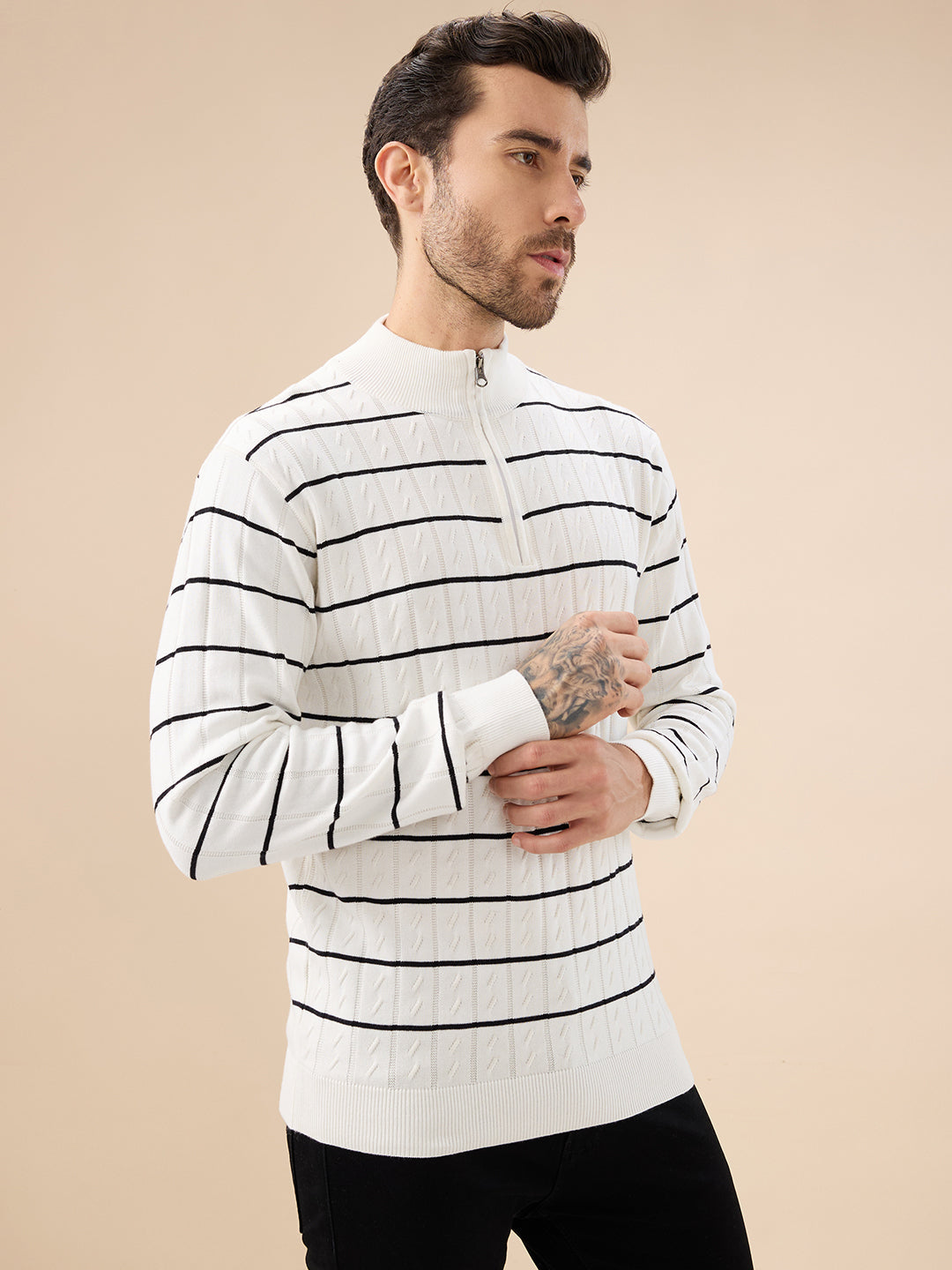 Mens Striped Print Full Sleeves Half Zip High Neck Sweater