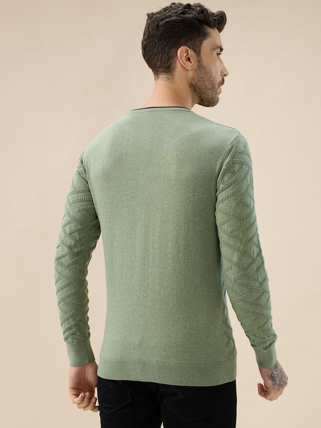 Men's Solid Geometric Textured Round Neck Full Sleeve Regular Fit Sweater