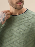 Men's Solid Geometric Textured Round Neck Full Sleeve Regular Fit Sweater
