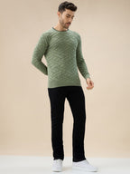 Men's Solid Geometric Textured Round Neck Full Sleeve Regular Fit Sweater