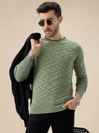 Men's Solid Geometric Textured Round Neck Full Sleeve Regular Fit Sweater