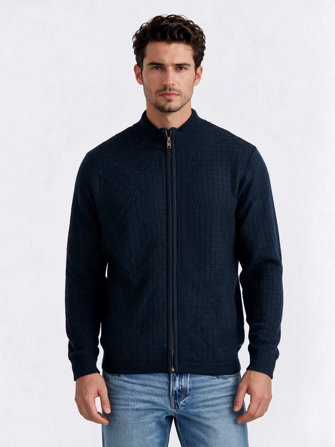 Men's Cotton Blend Self Design High Neck Long Sleeve Sweater