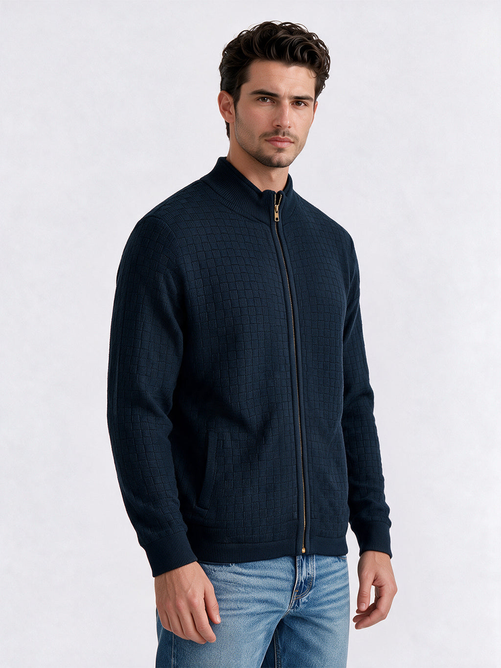 Men's Cotton Blend Self Design High Neck Long Sleeve Sweater