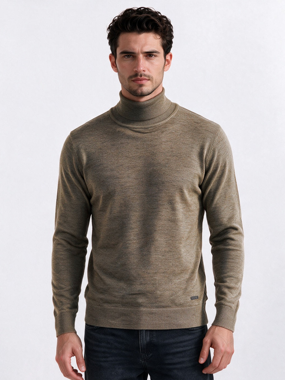Khaki Melange Roll Neck Sweater