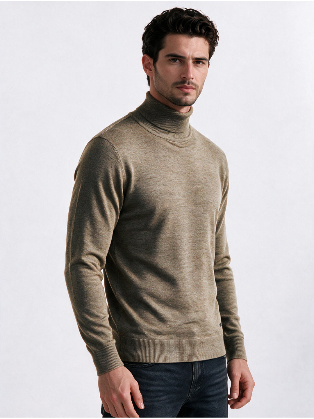 Khaki Melange Roll Neck Sweater