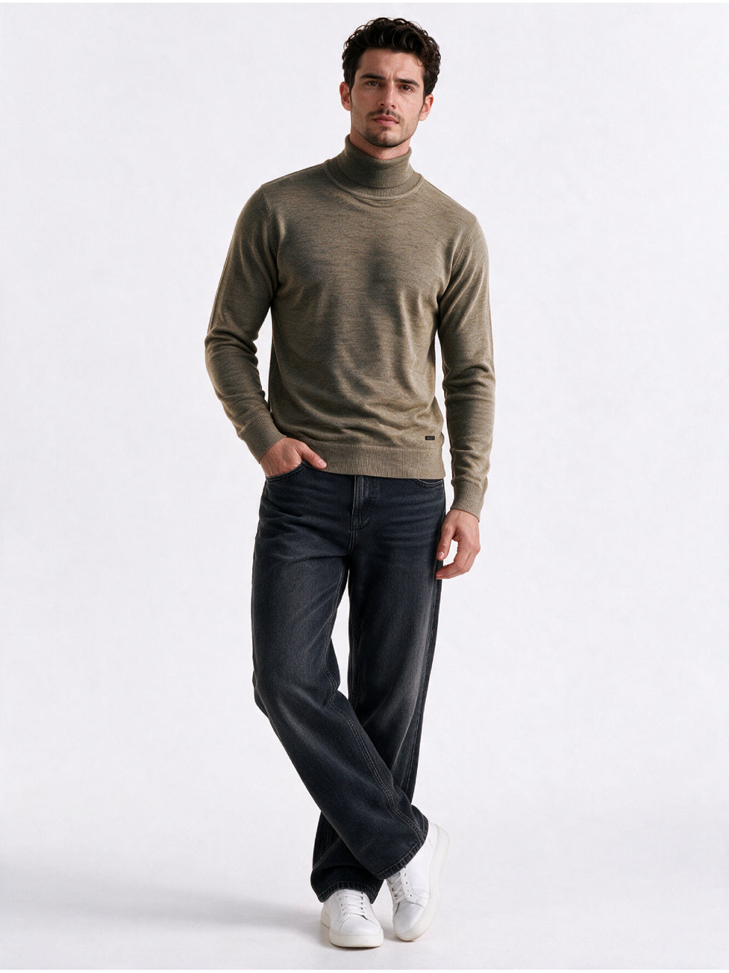 Khaki Melange Roll Neck Sweater