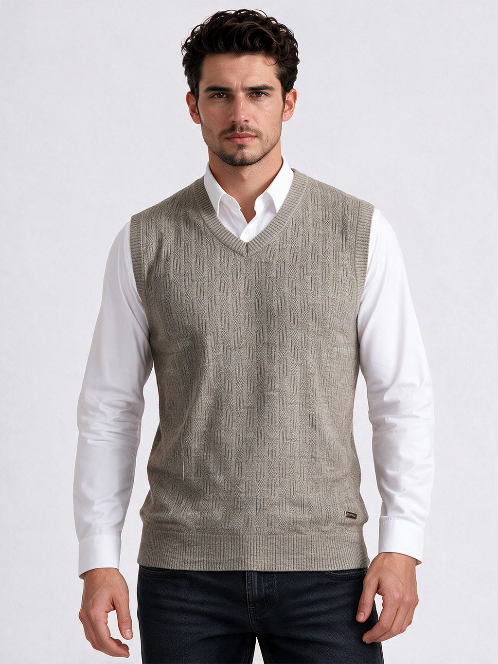Men's 100% Acrylic Self Design Sleeveless V-Neck Sweater