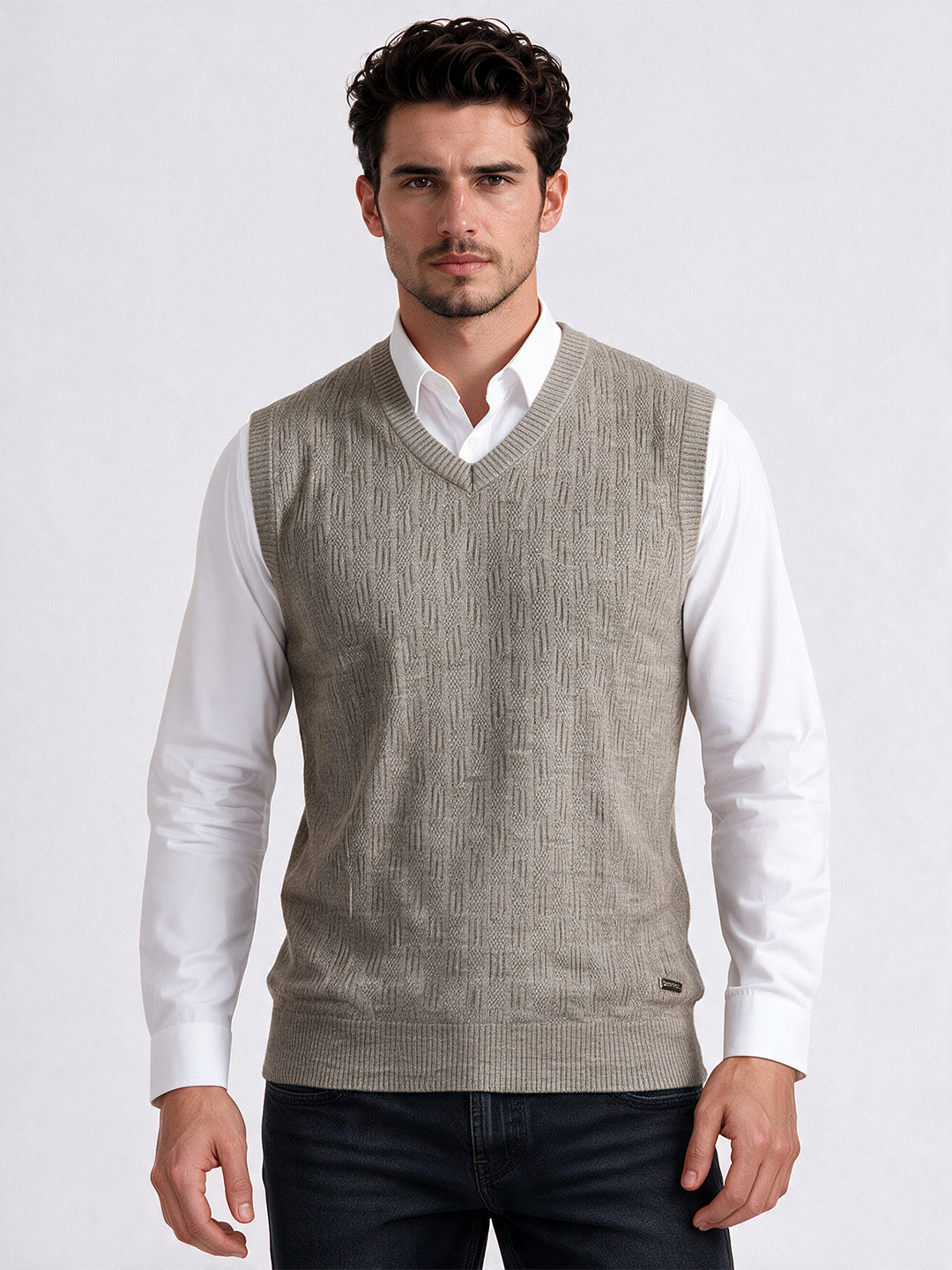 Men's 100% Acrylic Self Design Sleeveless V-Neck Sweater