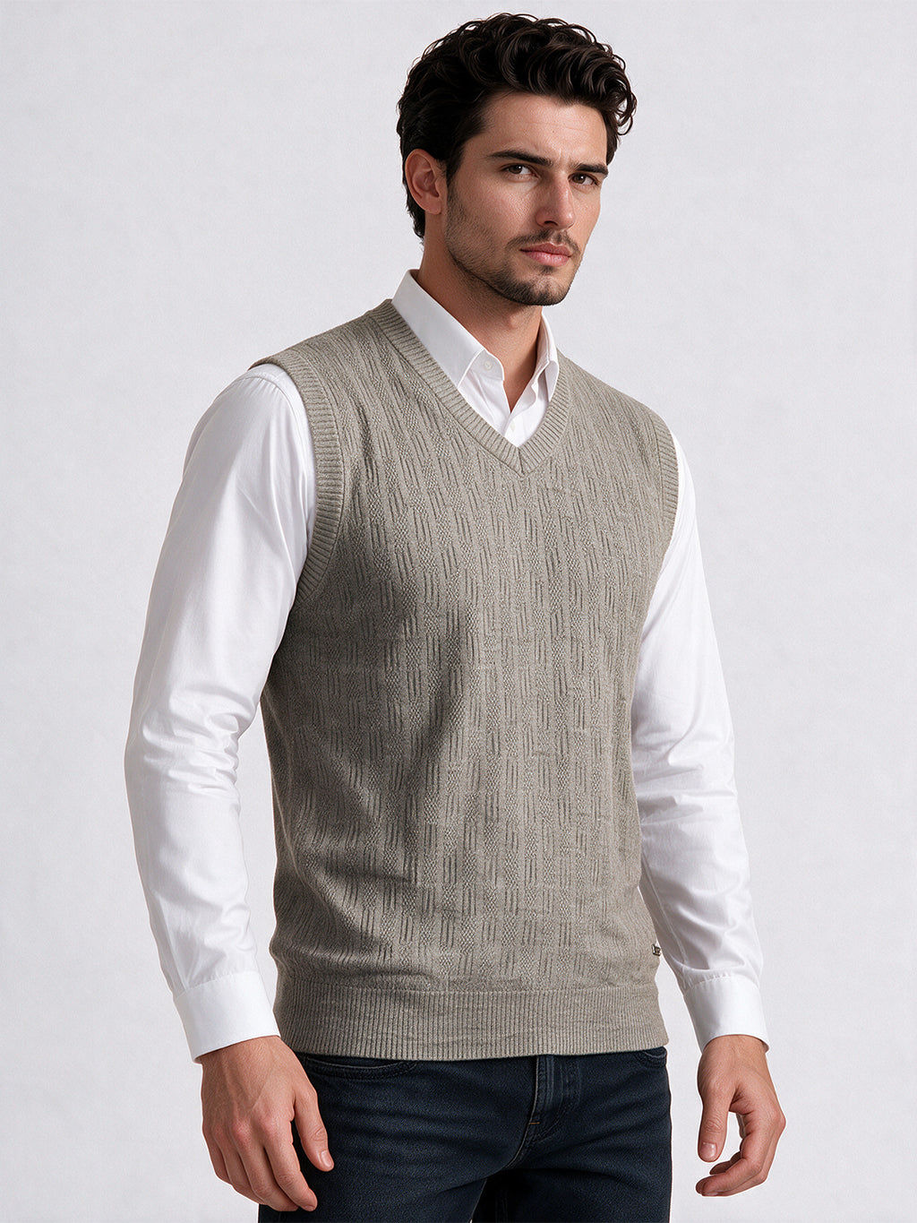Men's 100% Acrylic Self Design Sleeveless V-Neck Sweater