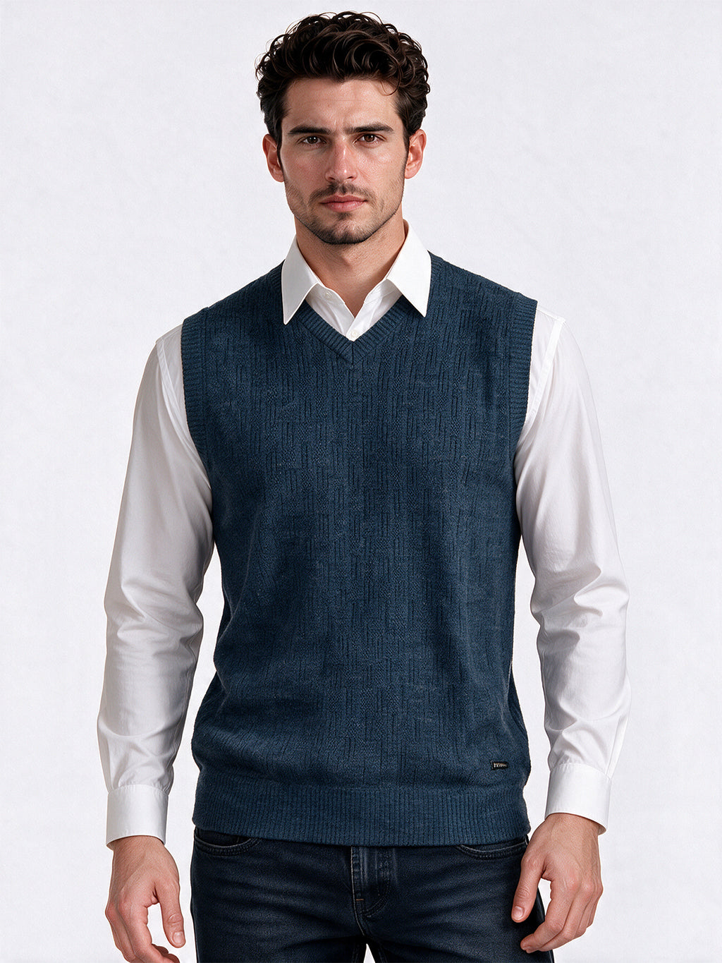 Men's 100% Acrylic Self Design Sleeveless V-Neck Sweater