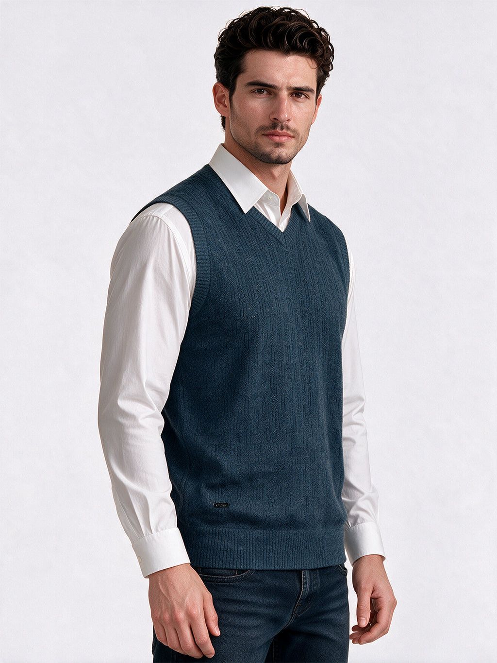 Men's 100% Acrylic Self Design Sleeveless V-Neck Sweater