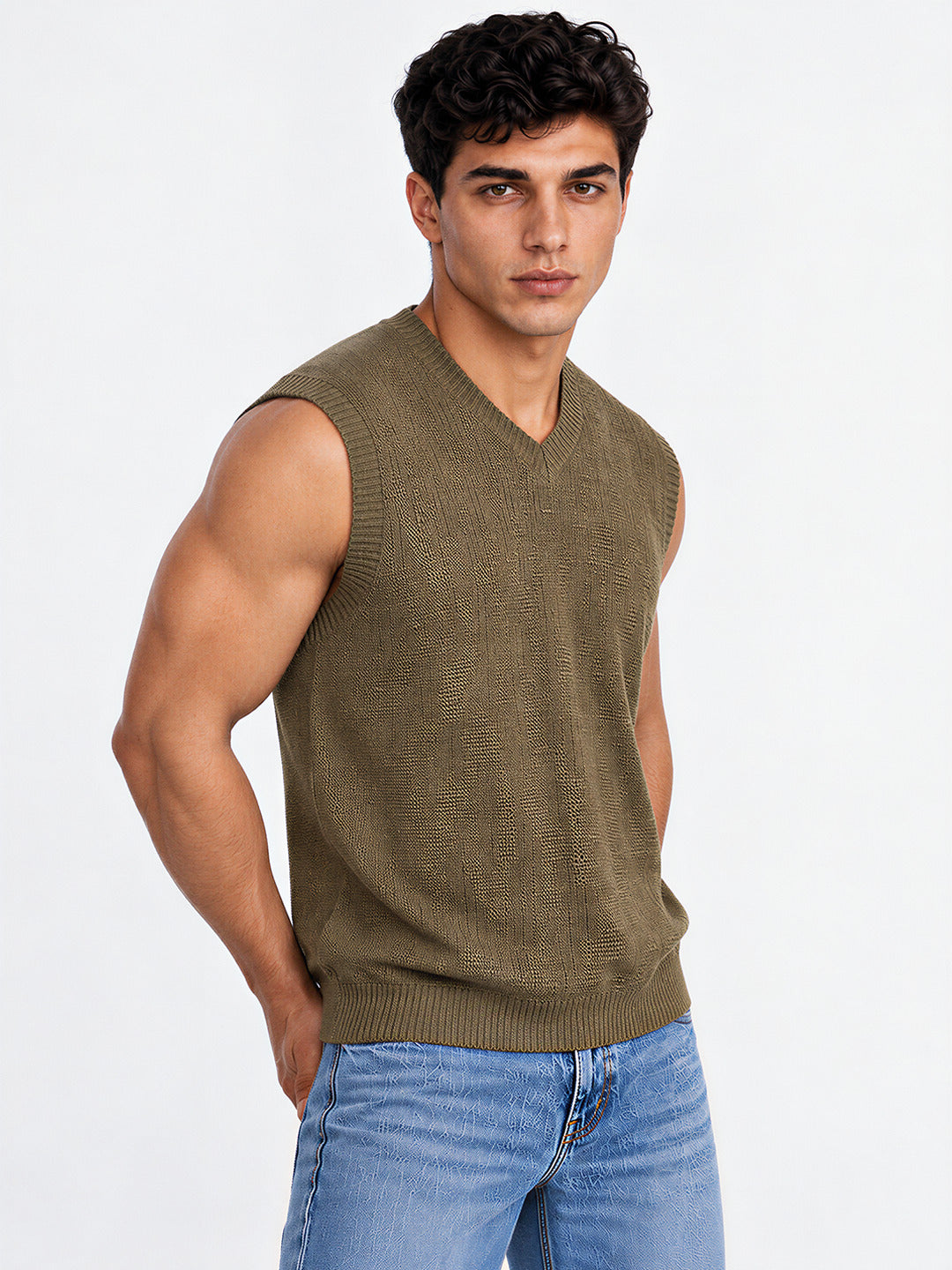 Men's Solid Regular Fit Sleeveless V-Neck Acrylic Sweater Vest