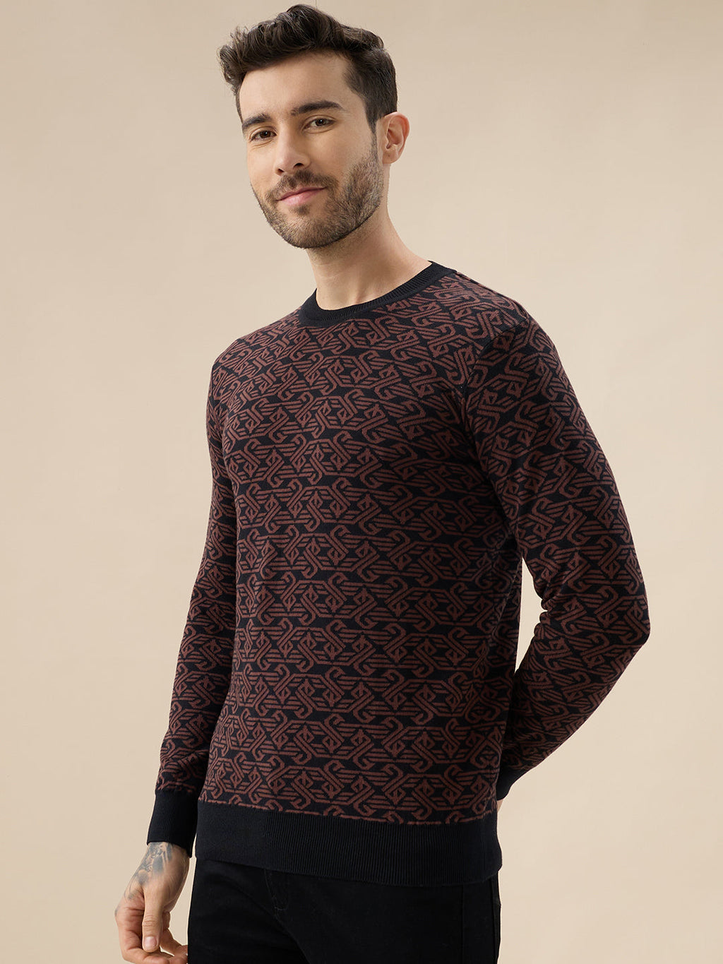 Men's All-Over Monogram Geometric Print Round Neck Full Sleeves Sweater