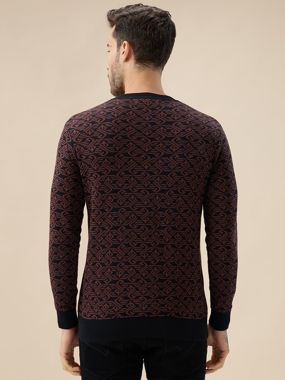Men's All-Over Monogram Geometric Print Round Neck Full Sleeves Sweater