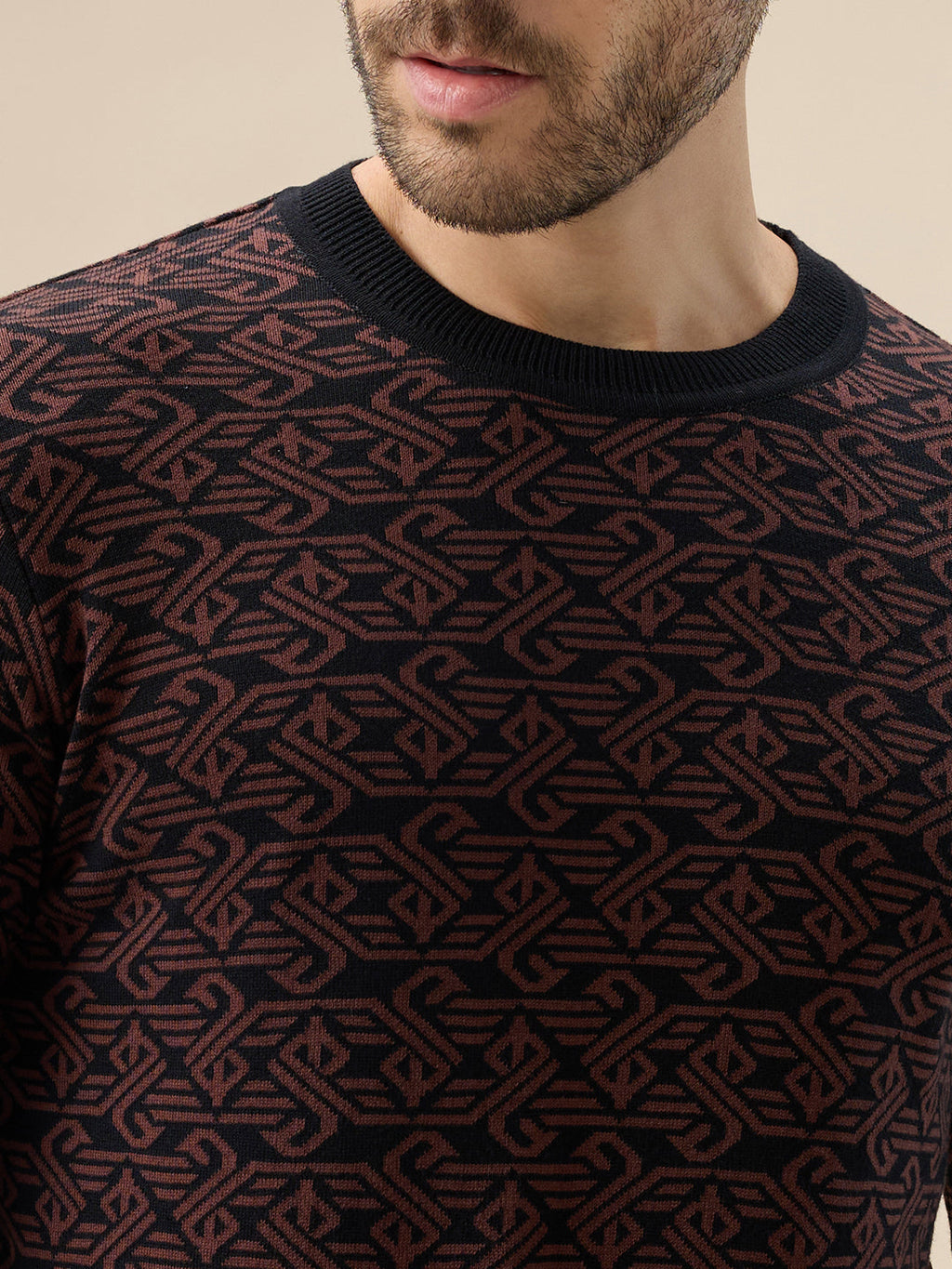 Men's All-Over Monogram Geometric Print Round Neck Full Sleeves Sweater