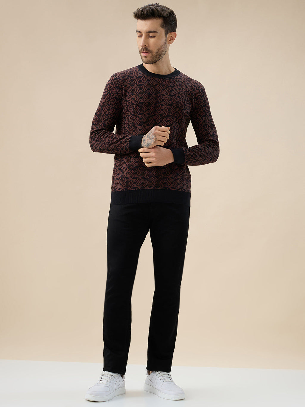Men's All-Over Monogram Geometric Print Round Neck Full Sleeves Sweater