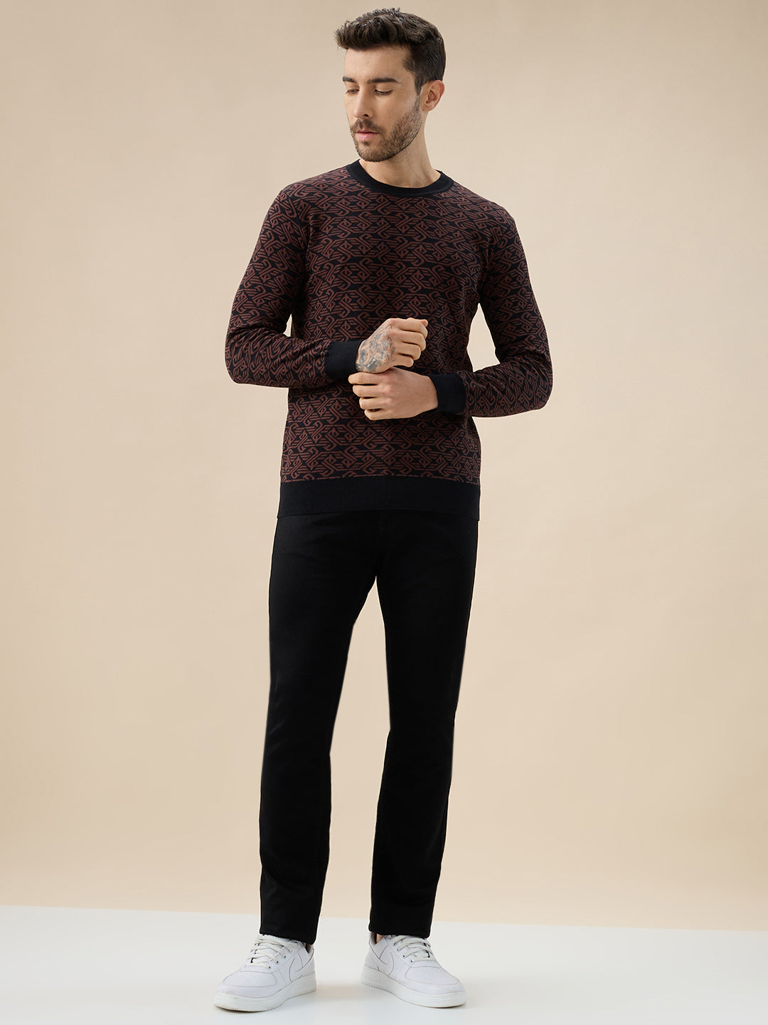 Men's All-Over Monogram Geometric Print Round Neck Full Sleeves Sweater