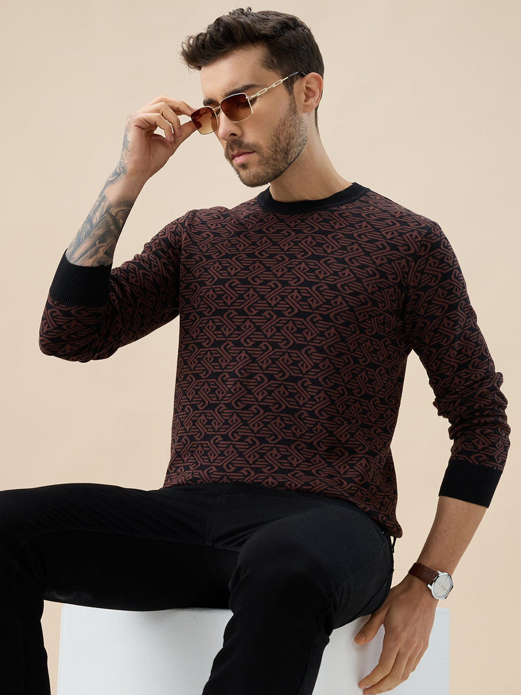 Men's All-Over Monogram Geometric Print Round Neck Full Sleeves Sweater