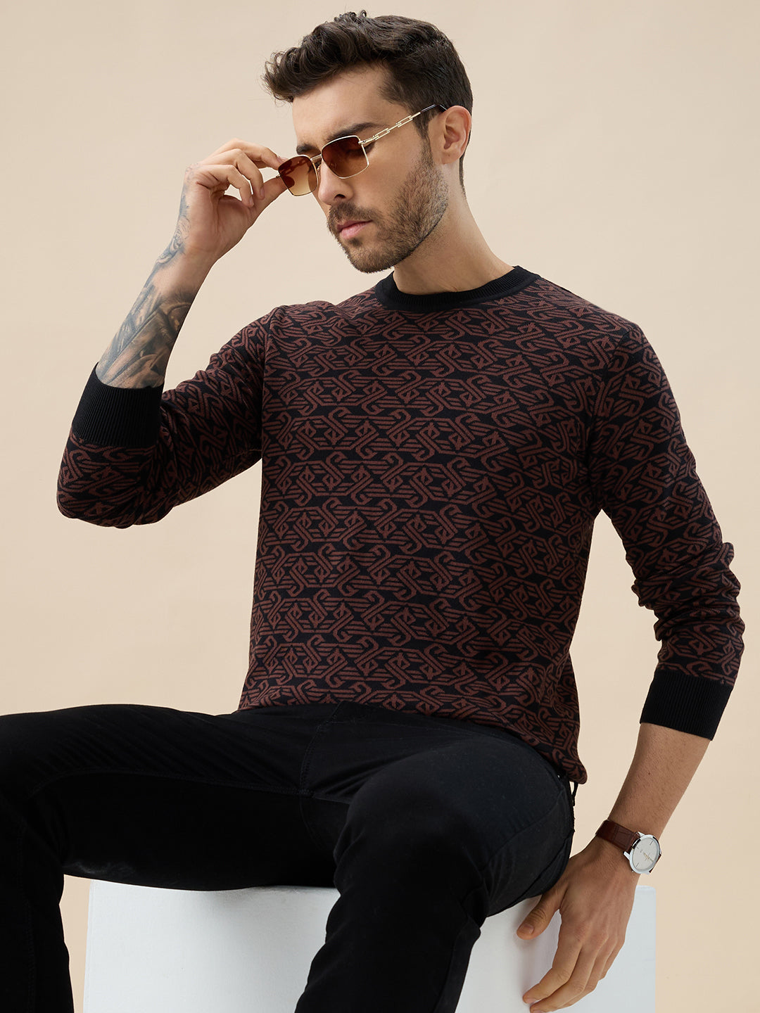 Men's All-Over Monogram Geometric Print Round Neck Full Sleeves Sweater