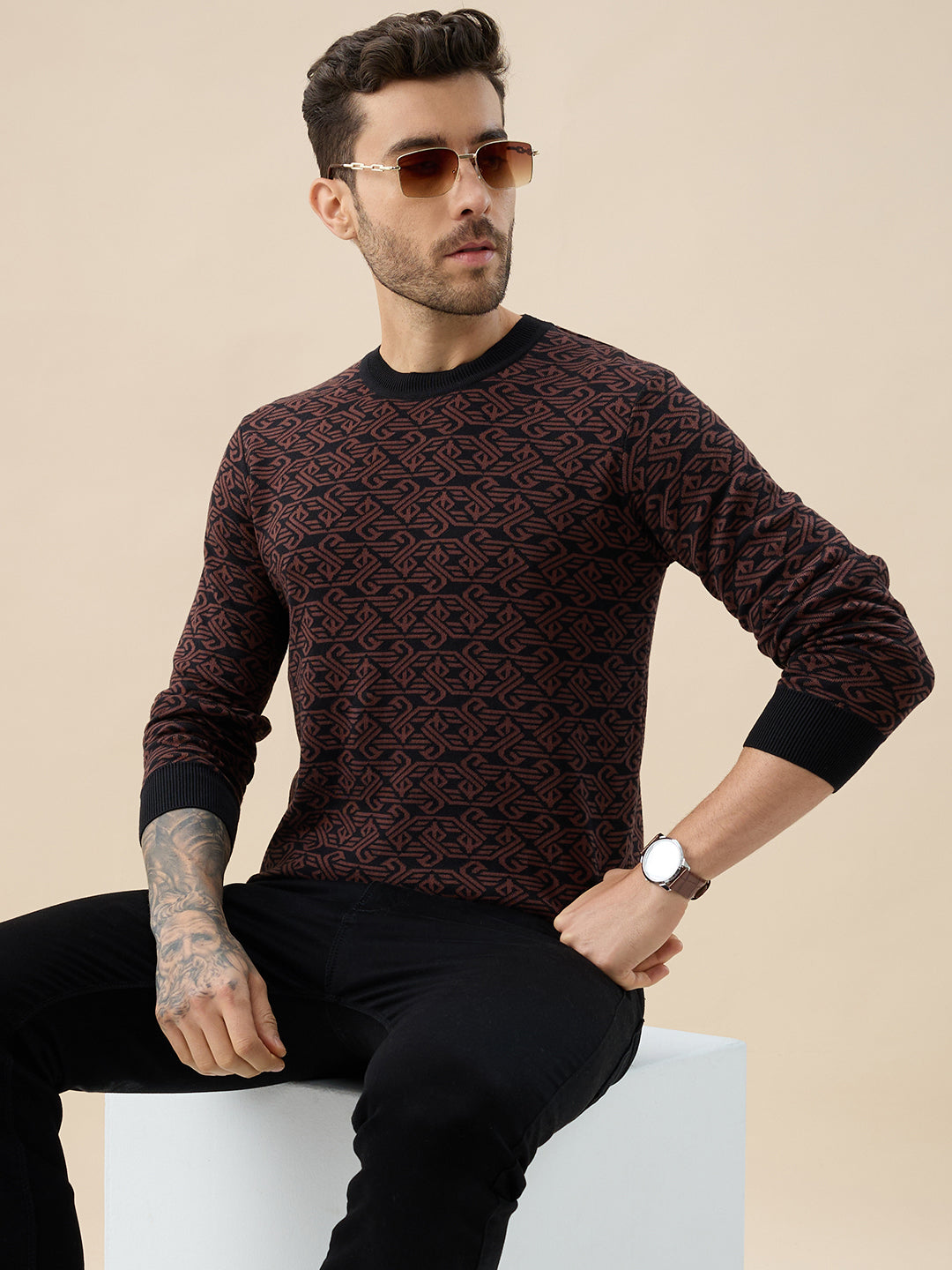 Men's All-Over Monogram Geometric Print Round Neck Full Sleeves Sweater