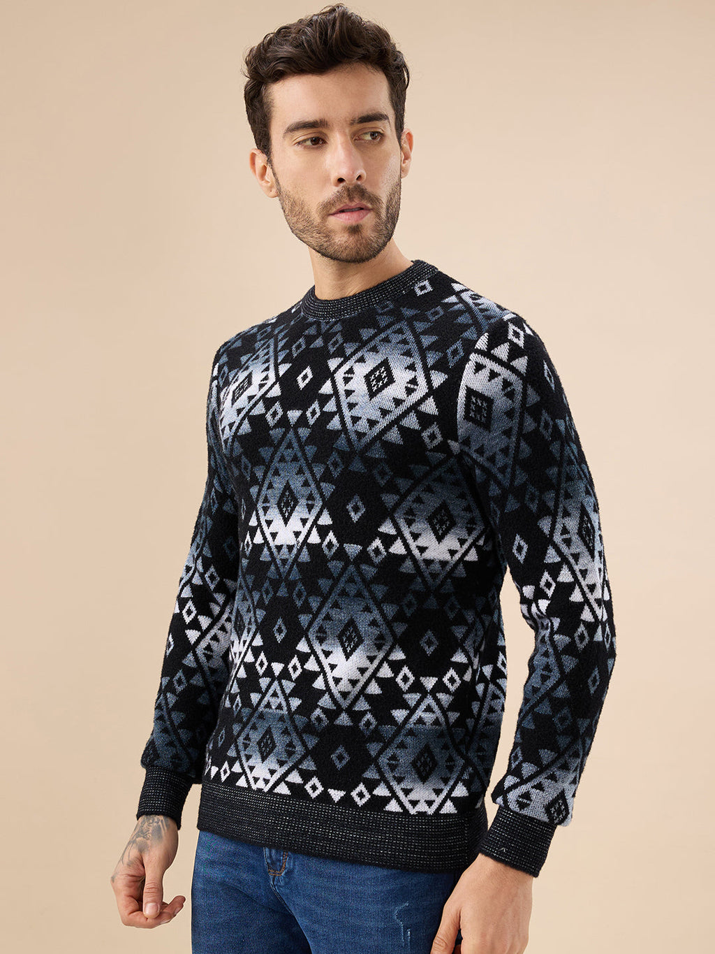 Mens All Over Fair Isle Round Neck Regular Fit Full Sleeves Sweater