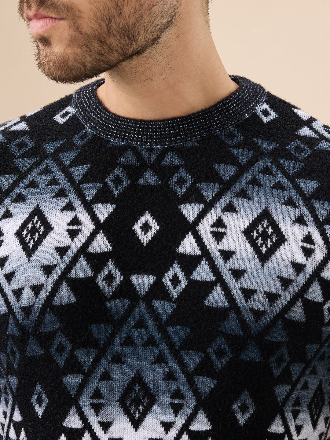 Mens All Over Fair Isle Round Neck Regular Fit Full Sleeves Sweater