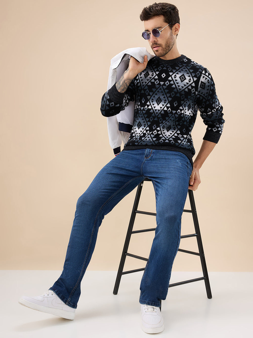 Mens All Over Fair Isle Round Neck Regular Fit Full Sleeves Sweater