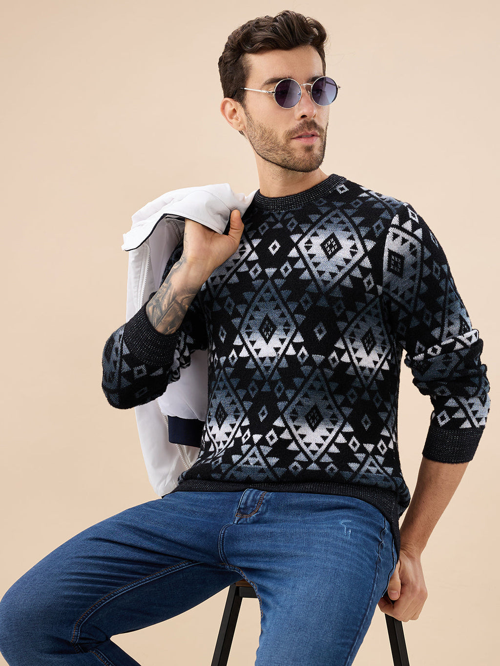 Mens All Over Fair Isle Round Neck Regular Fit Full Sleeves Sweater